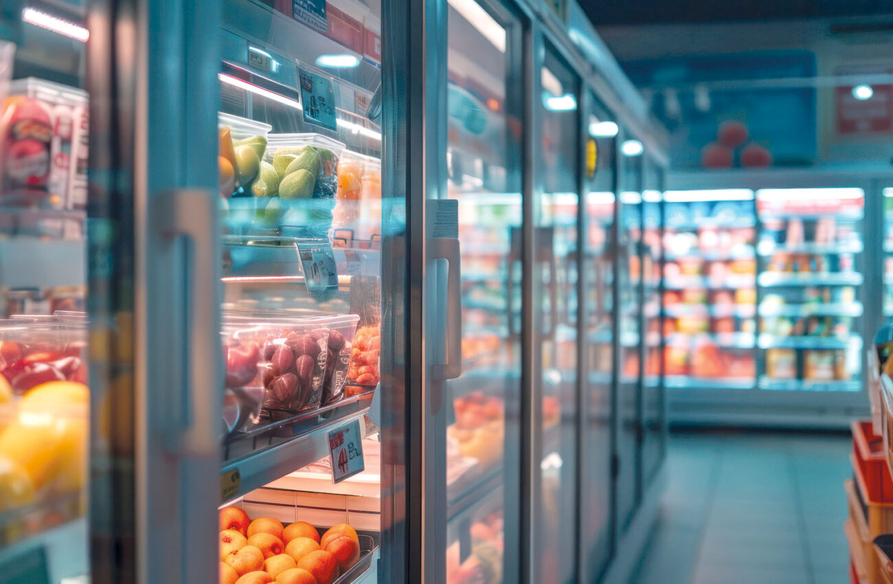Refrigerated foods in Supermarket shelves with variety of food, fruits and beverages.