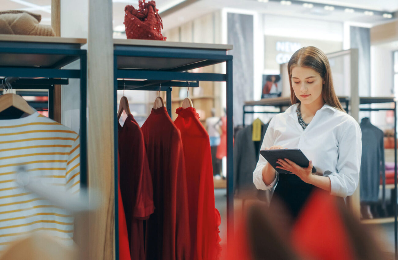 Clothing Store: Female Visual Merchandising Professional Uses Ta