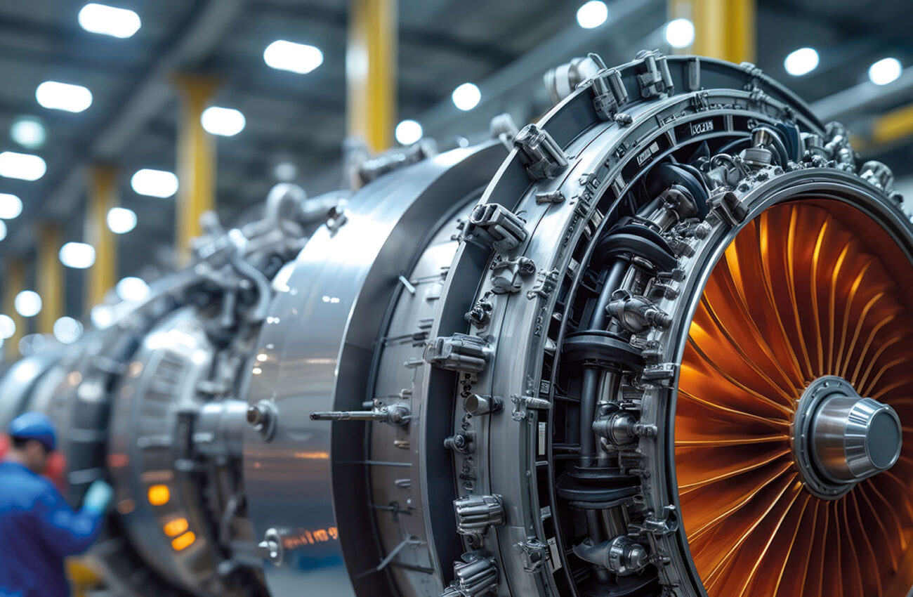 Jet engine assembly process in aerospace manufacturing facility. Workers assemble jet engines, showcasing engineering, precision, industrial. Production of aircraft turbines in factory.